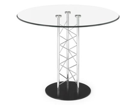 Tafel van een aluminium steigerdeel met glazen tafelblad.